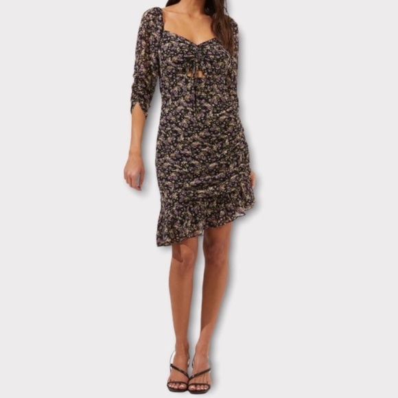 ASTR The Label Black Purple Floral Sweetheart Neckline Ruched Mini Dress Medium - Picture 1 of 13